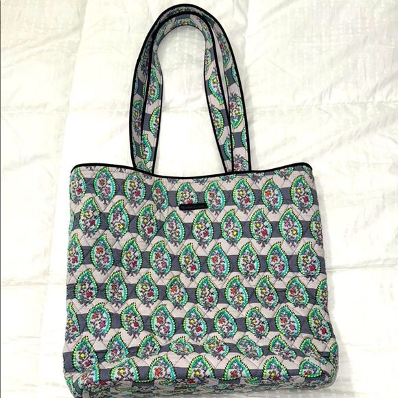 Vera Bradley Paisley Stripes Tote Bag in like new condition- grey and turquoise - Picture 1 of 12